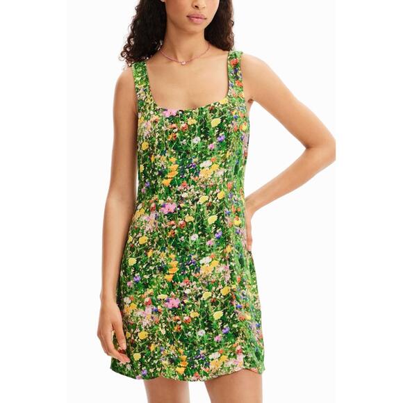 Desigual Green Floral Tank Mini Dress Rear Zip Square Neck Resortwear Vacation - Picture 2 of 5